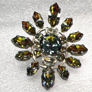 Vintage Givre Rhinestone Brooch Pin Faceted Smokey Sunburst Multicolor Silver To